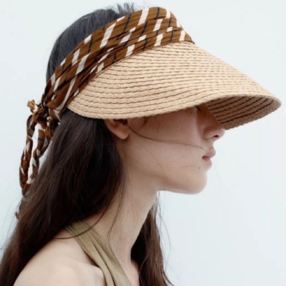 Zara NWT RAFFIA 0653/231/707 Scarf Sun Visor with Brown Striped Band - Picture 7 of 7